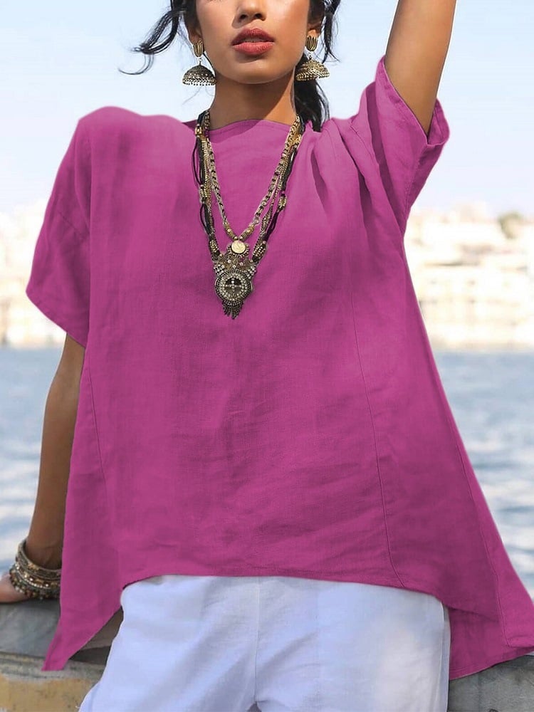 Plain cotton and linen shirt irregular hem short sleeve stitching loose casual round collar top for women