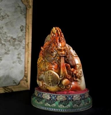 982G Old Chinese Shoushan Stone Seal Stamp Statue w/dragon N982