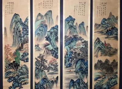 Four Tang Yin Signed Chinese Hand Painted Calligraphy Scroll w/landscape N2051