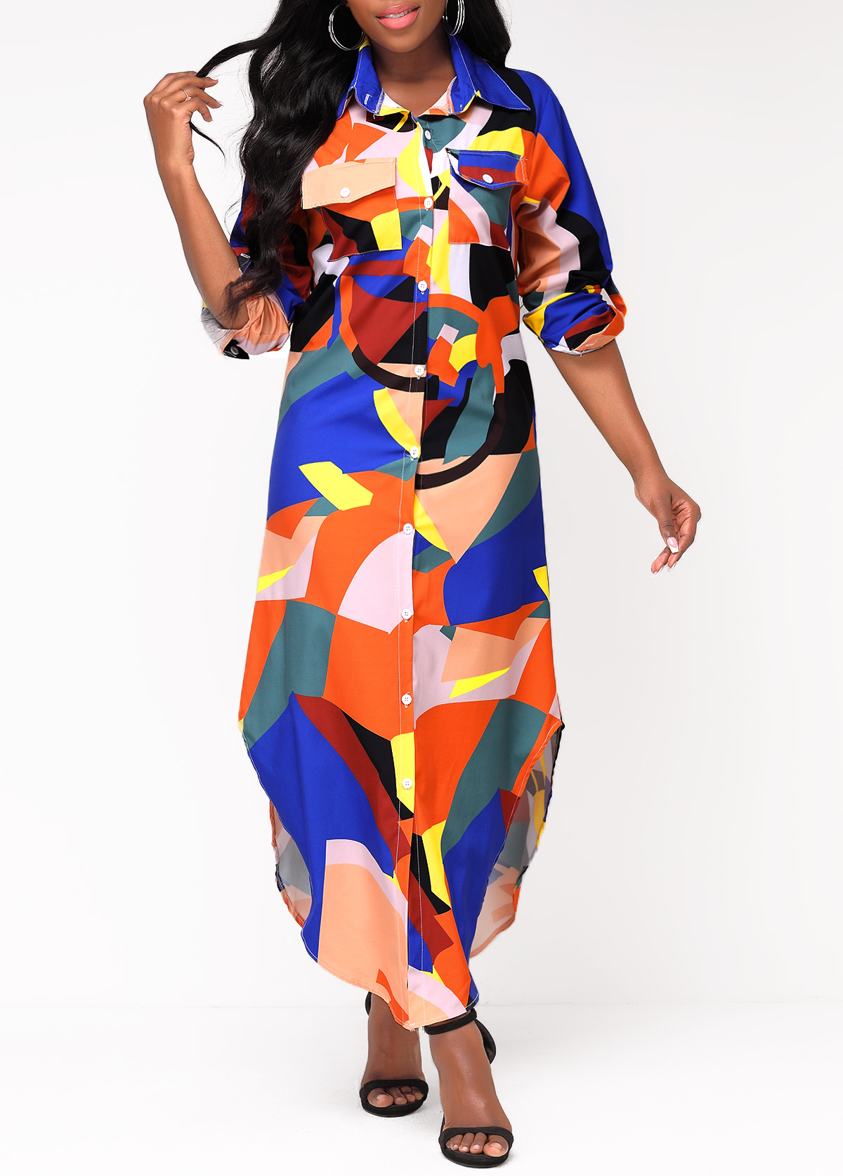 Geometric Print Button Up Long Sleeve Maxi Dress