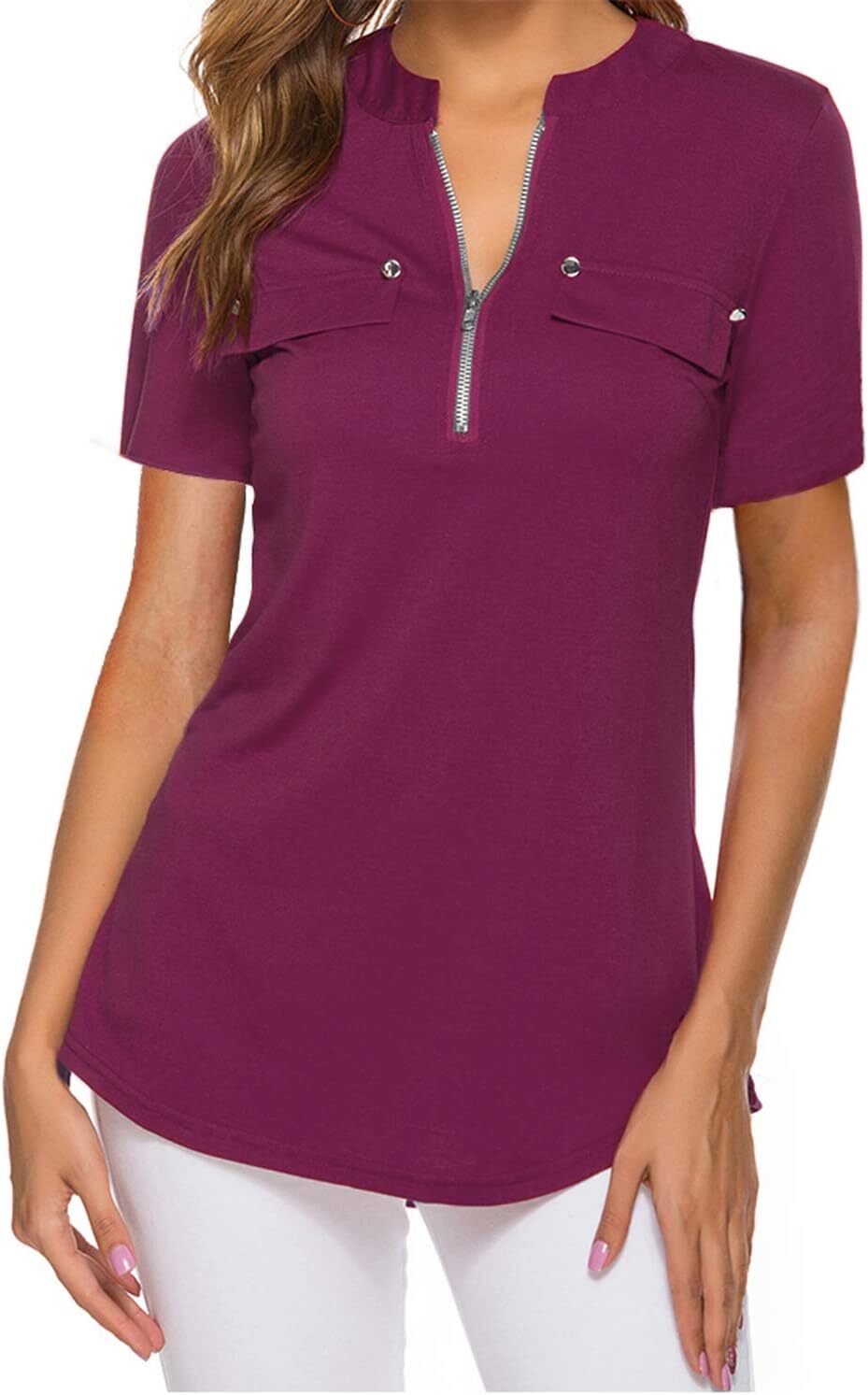 Damen Kurzarm Zip Quaste Long Shirt Business Casual Arbeit Büro Shirt
