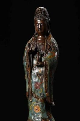 33CM Old Chinese Cloisonne Enamel Bronze Statue w/Guanyin Buddha N3526