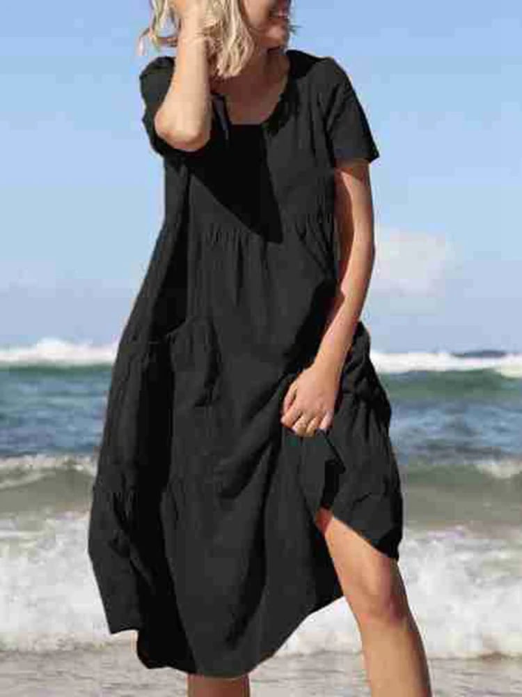 Solid Color Short Sleeve Loose Crinkled Cotton Linen Pocket Dress