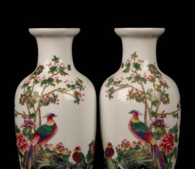 Pair Yongzheng Signed Old Chinese Colour Enamel Vase W/bird N1560