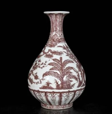 33CM Old Chinese Underglaze Red Vase W/pine tree N3688