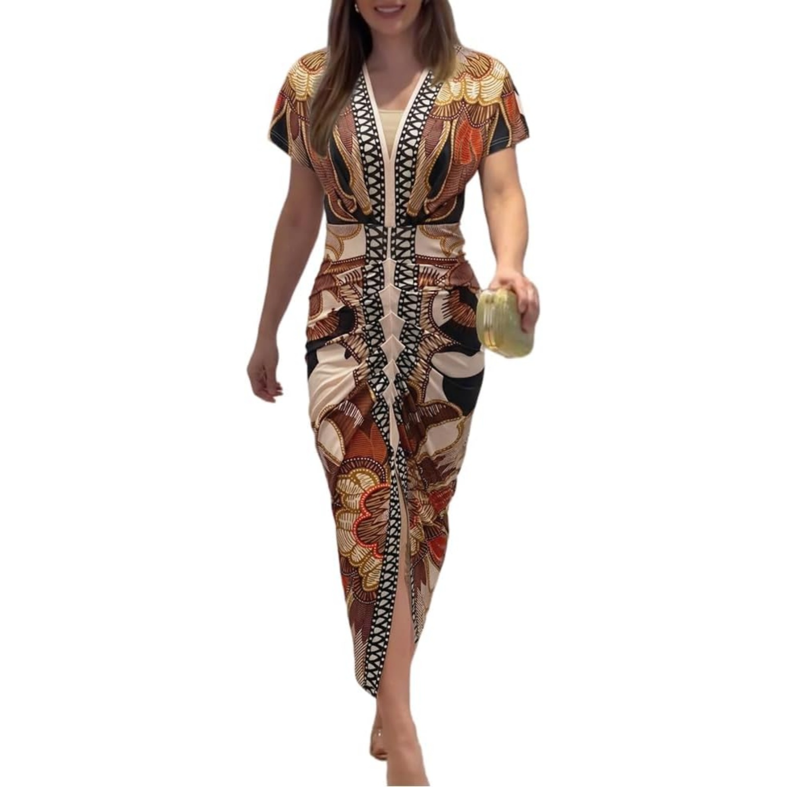 Summer Dresses for Women Floral Print Plunge V Neck Midi Dress Casual Ruched Slit Bodycon Party Dress