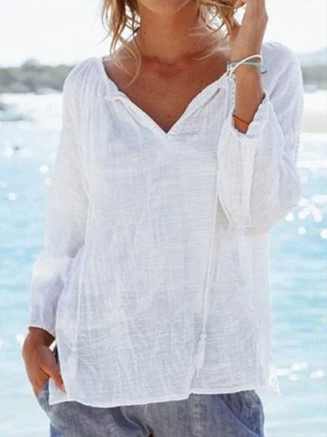 Women's Tie V Neck Casual Long Sleeve Shirt