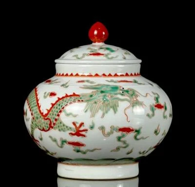 Kangxi Signed Pair Old Chinese Green Glaze Lid Pot W/dragon CK680