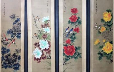 Four Wang Xuetao Signed Chinese Hand Painted Calligraphy Scroll w/flower N2157