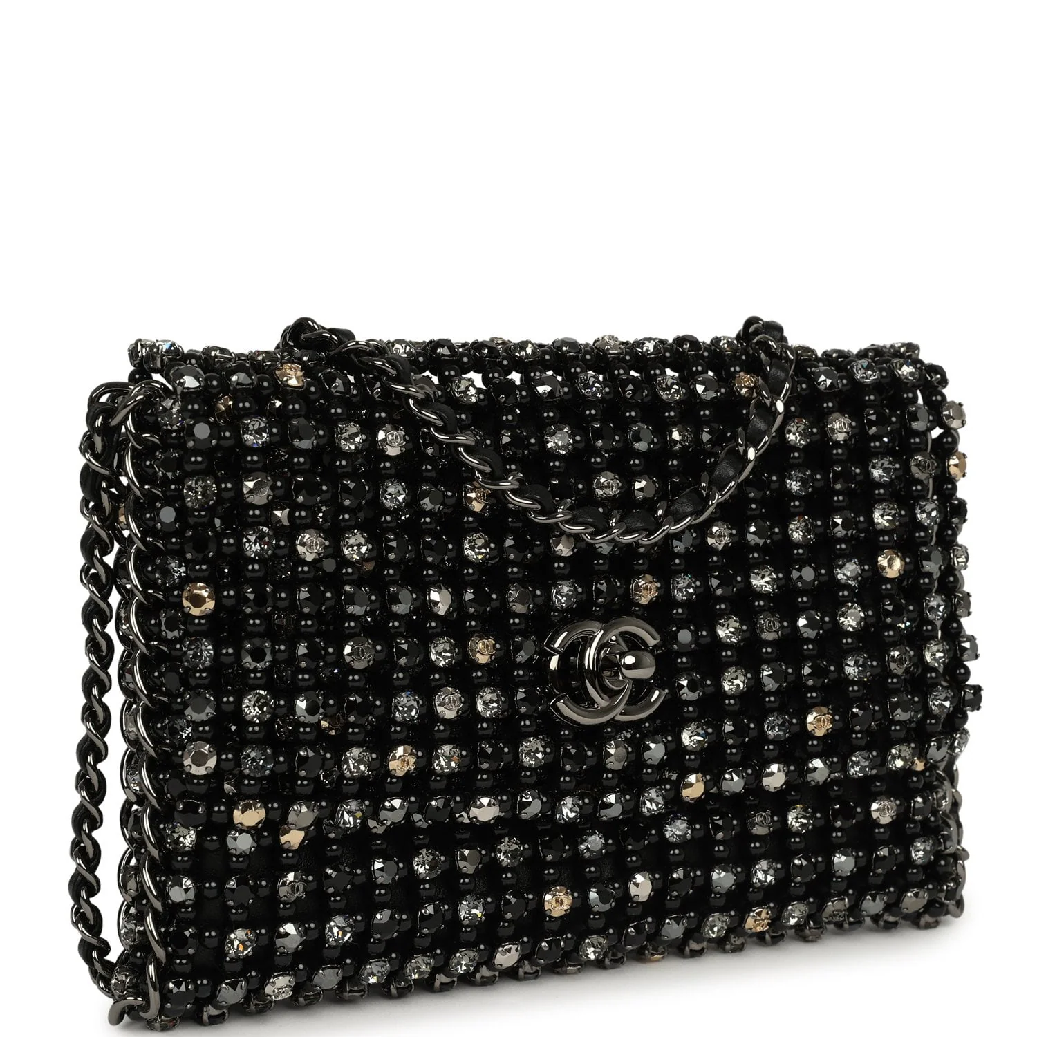 CHANEL Medium Beaded Evening Bag Strass, Pearl, Black Leather Ruthenium Hardware