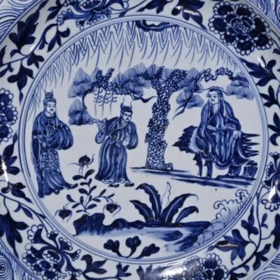 42CM Zhizheng Signed Old Chinese Blue and White Dish Plate W/ figure N364