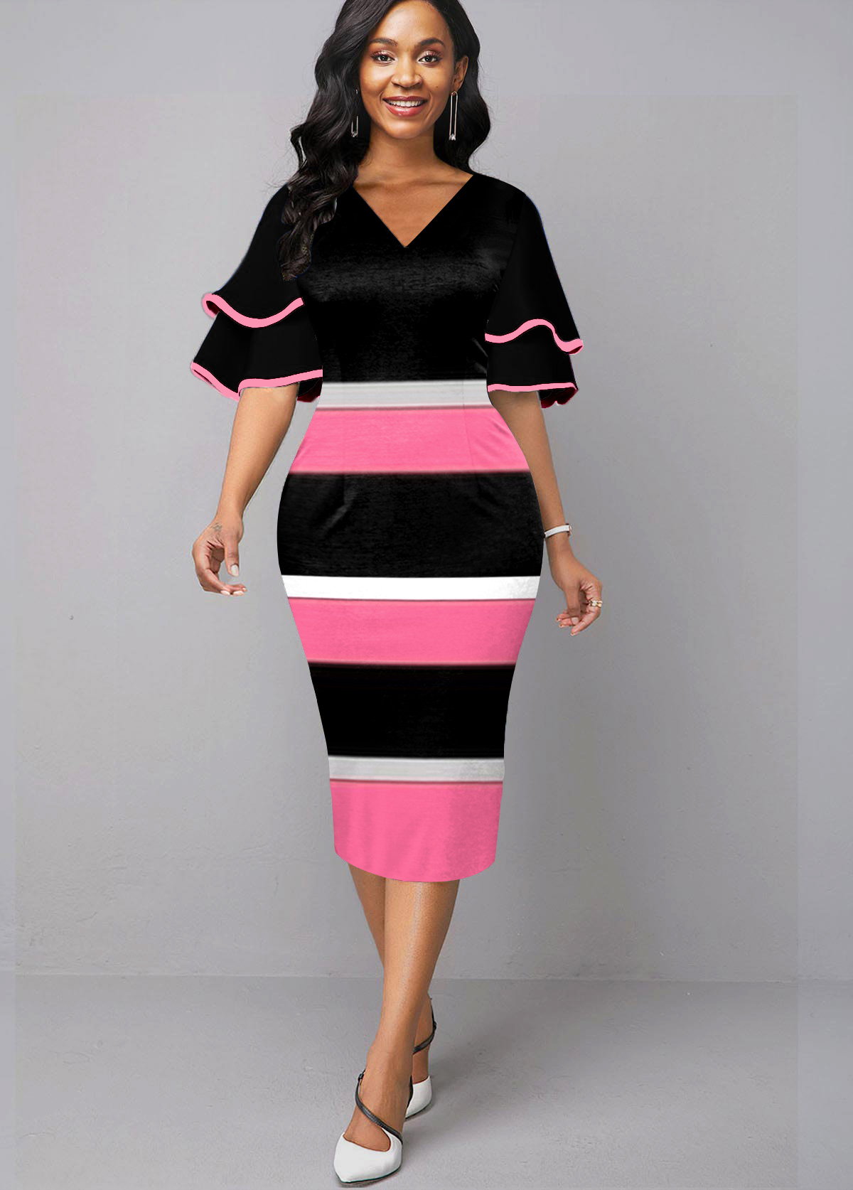 Color Block Layered Bell Sleeve V Neck Dress