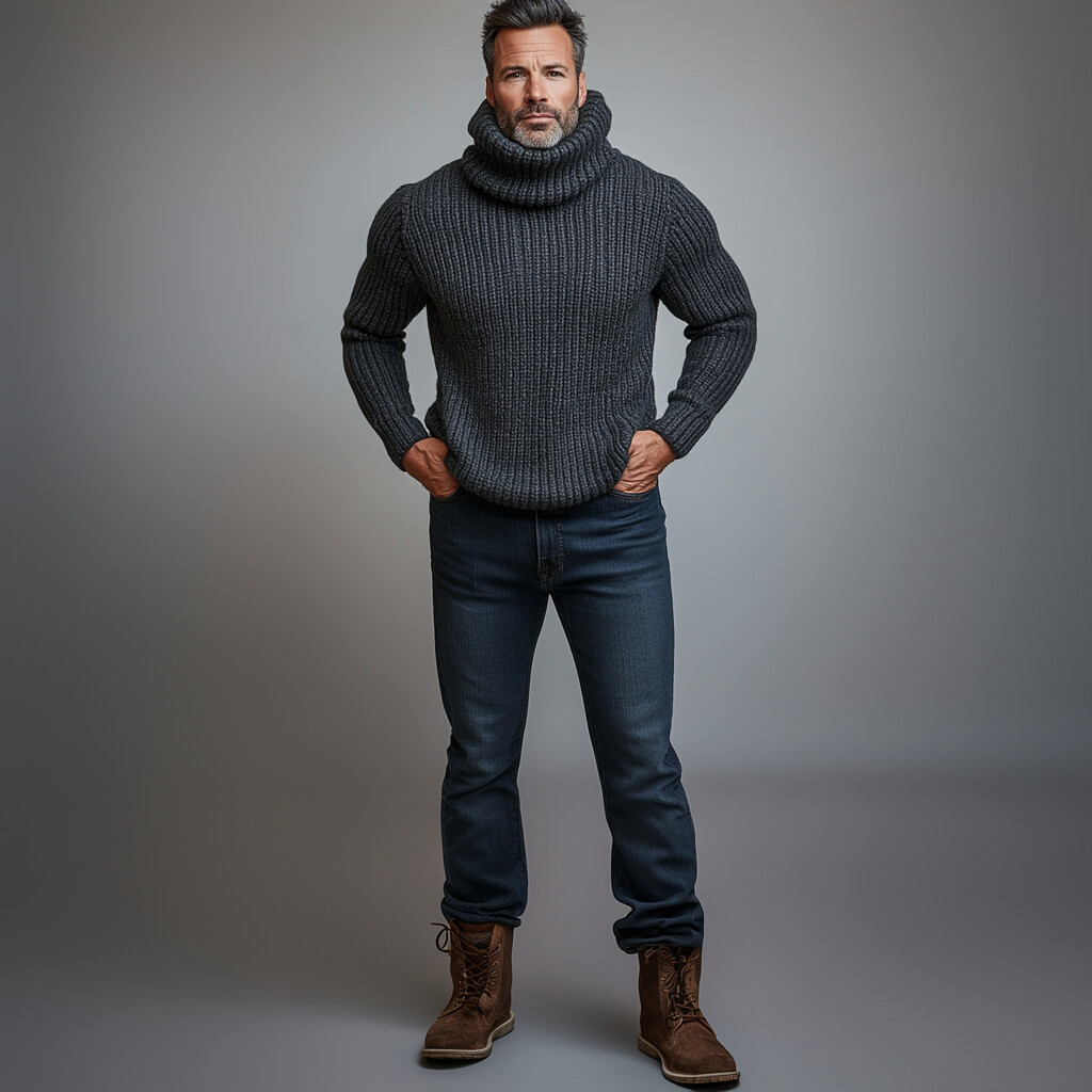 Men's High Neck Long Sleeve Rib Knitted Sweater