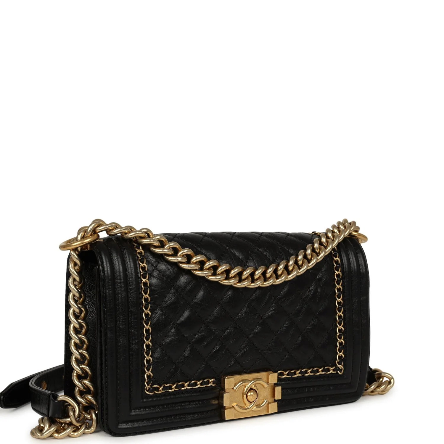 CHANEL Medium Boy Bag Black Aged Calfskin Antique Gold Hardware