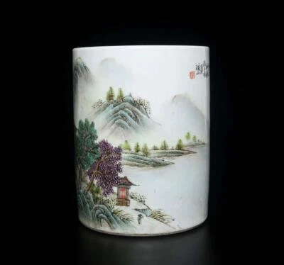 Zhang Zhitang Signed Old Chinese Famille Rose Brush Pot W/landscape
