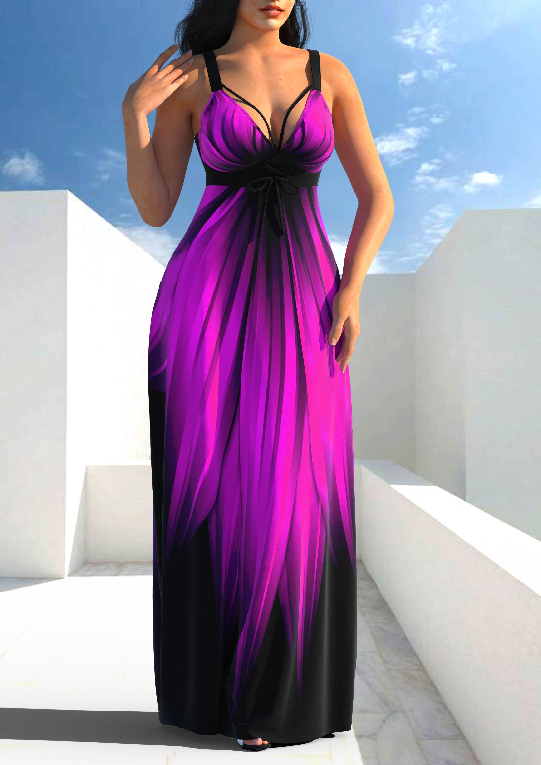 Wide Strap Lace Up Violet Dress
