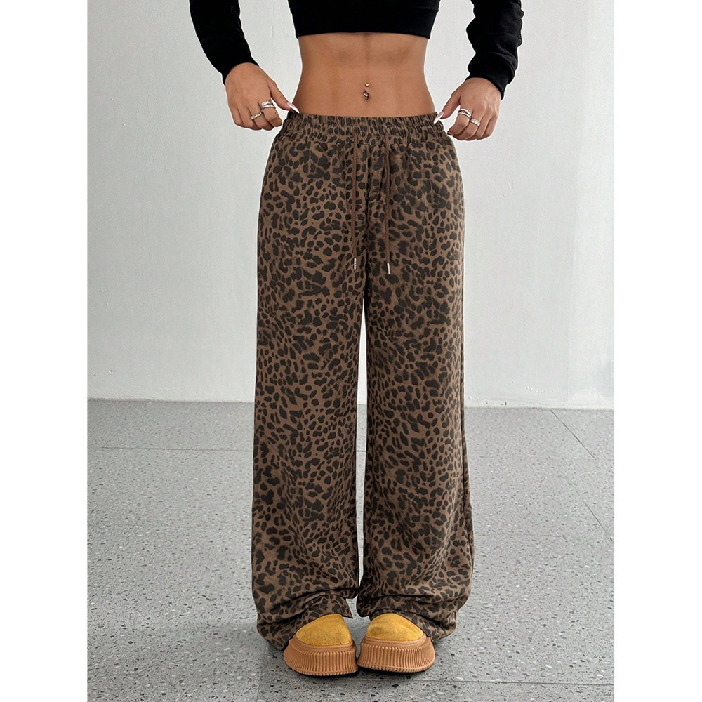 Women's Leopard Print Elastic High Waist Long Pants Cheetah Printed Wide Leg Loose Trousers with Pockets