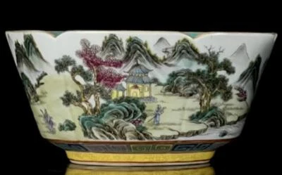 Yongzheng Signed Old Chinese Famille Rose Bowl W/landscape N1026