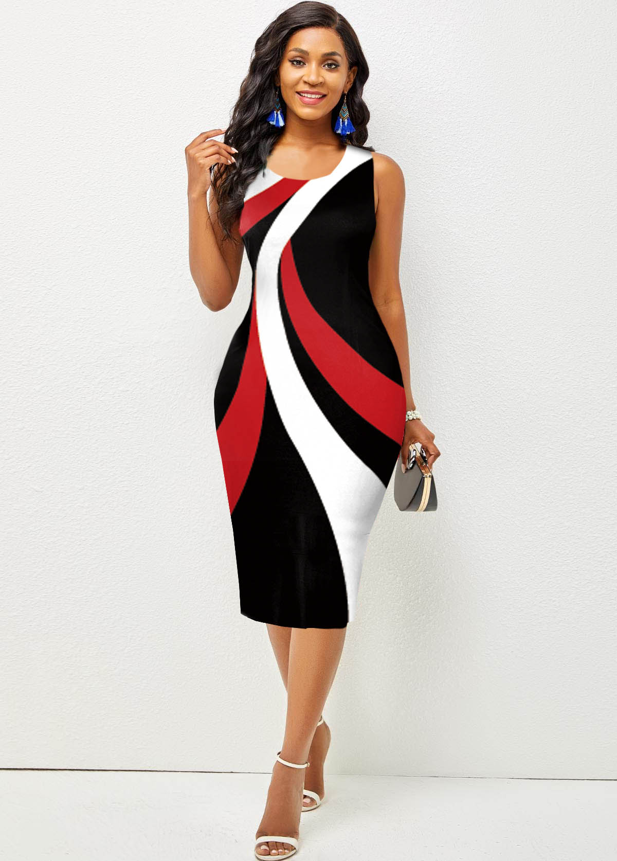 Contrast Printed Sleeveless Round Neck Bodycon Dress