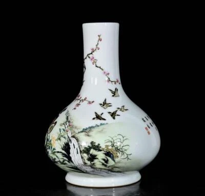 34CM Yongzheng Signed Old Chinese Colour Enamel Vase W/bird N3375