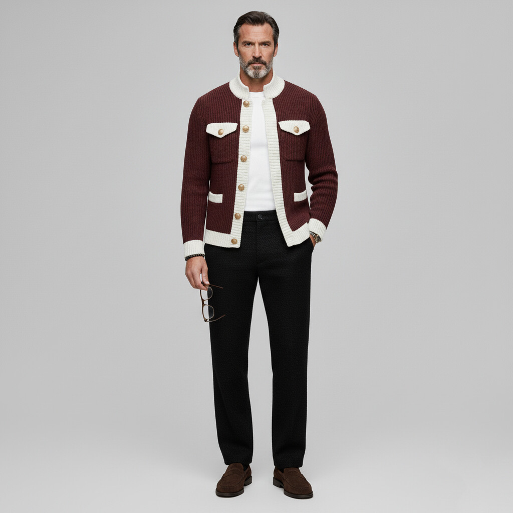 Men's Burgundy Contrast Trim Stand Collar Long Sleeve Single Breasted Knit Cardigan