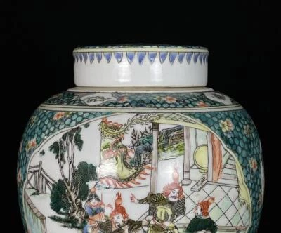 Kangxi Signed Old Chinese Doucai Lid Pot W/figure N599