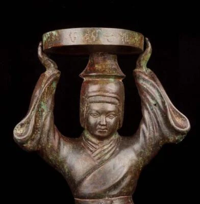 33CM Old Chinese Bronze Statue Light Holder w/figure N1732