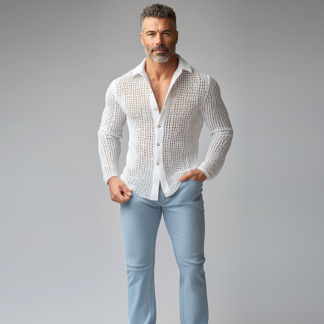 Men's Turndown Collar Long Sleeve Button Hollow Out Crochet Knit Shirt