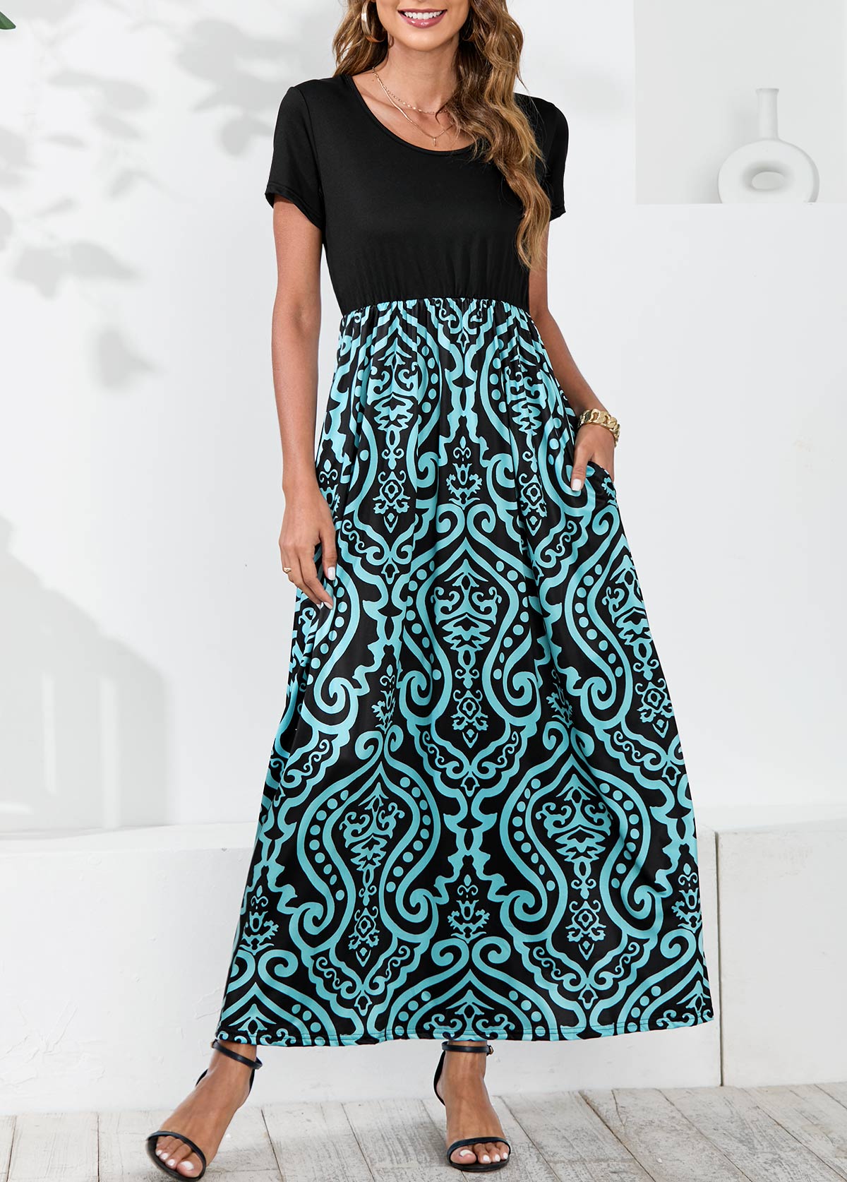 Tribal Print Cyan Round Neck Dress