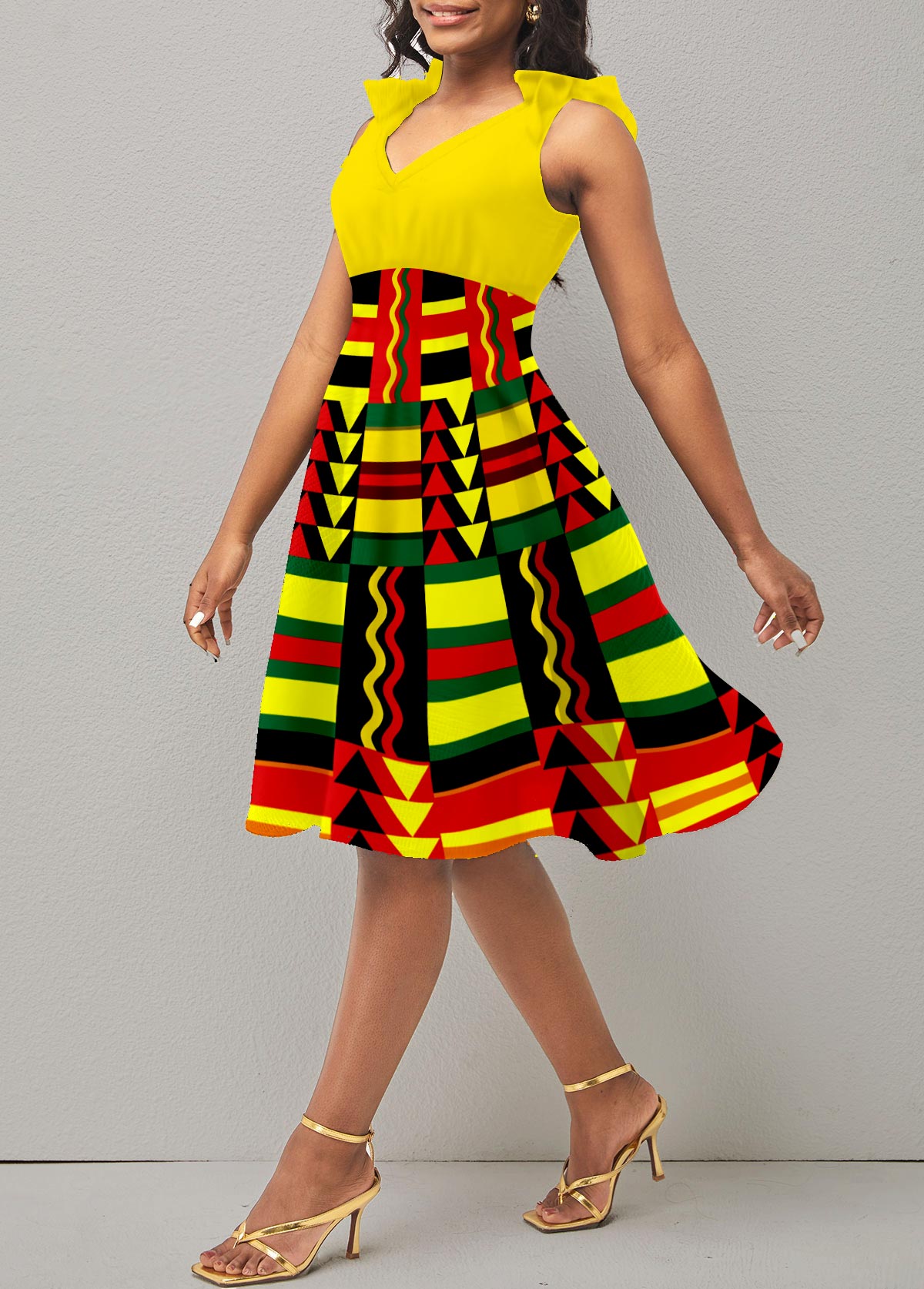 Tribal Print Sleeveless Yellow V Neck Dress