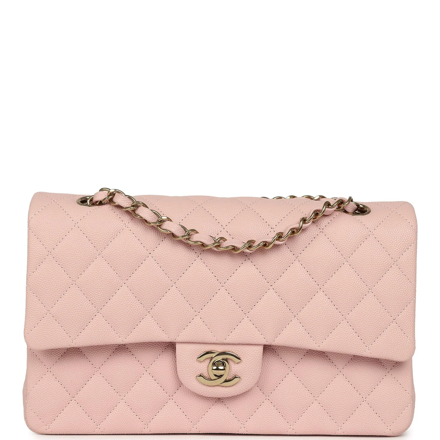 CHANEL Medium Classic Double Flap Bag Light Pink Caviar Light Gold Hardware
