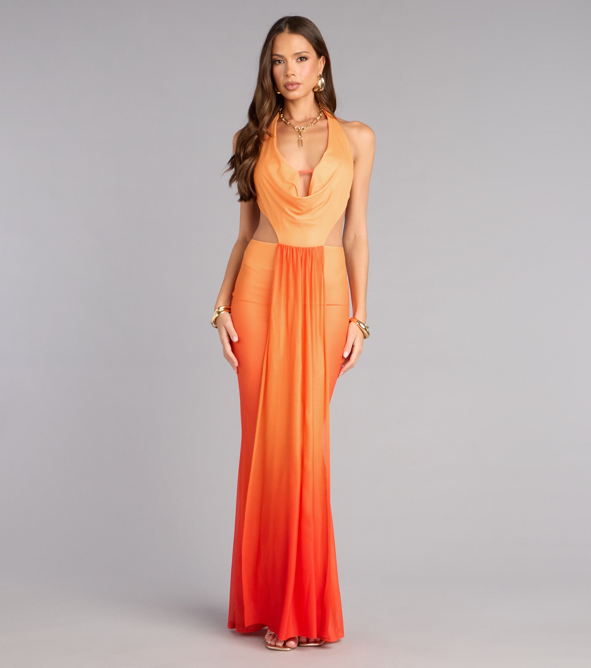 Sunset Muse Ombre Mesh Cutout Maxi Dress