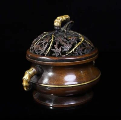 Yutangqingwan Signed Old Chinese Red Copper Incense Burner w/bamboo N274