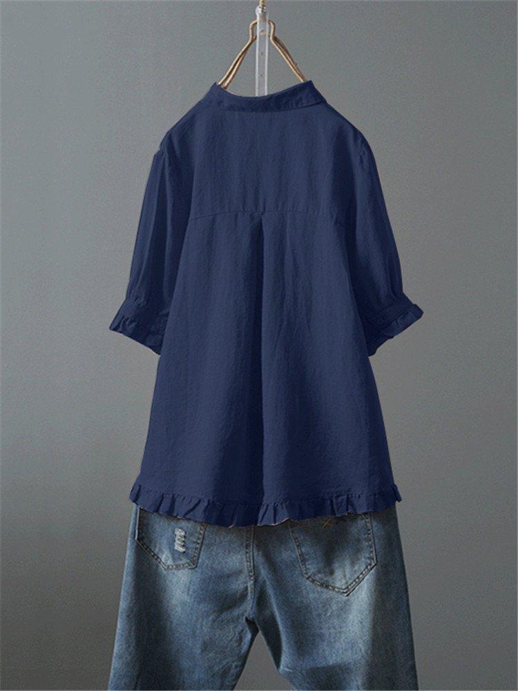 Solid Casual 3/4 Sleeve Turn-down Collar Casual Tops