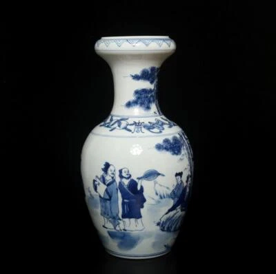 38CM Kangxi Old Signed Antique Chinese Blue & White Porcelain Vase w/ figure