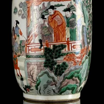 48CM Kangxi Signed Old Chinese Five Colour Vase W/figure N27