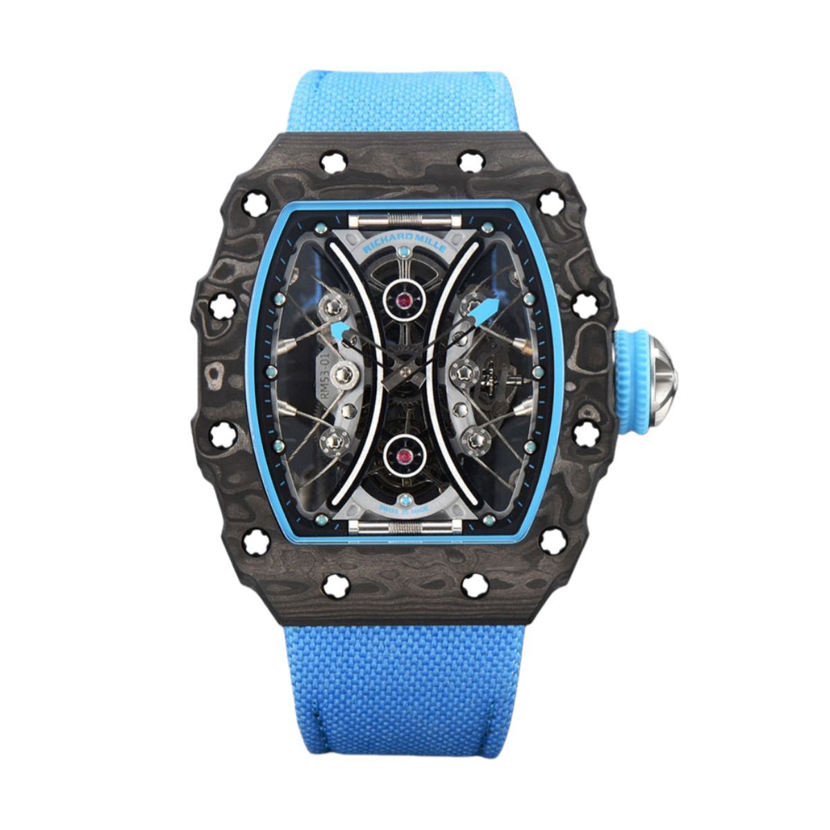 【7A Quality】Super Clone Richard Mille RM53-01 Tourbillon Replica Men's Watch Carbon Fiber Case Blue Nylon Strap