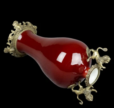 49CM Qianlong Signed Old Chinese Langhong Red Glaze Vase w/lion N4019