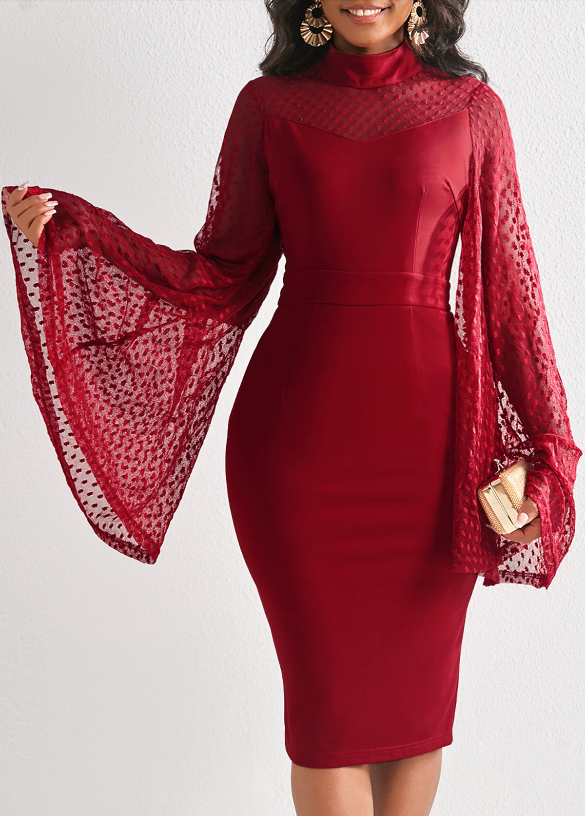 Wine Red Long Sleeve Sheath Dress
