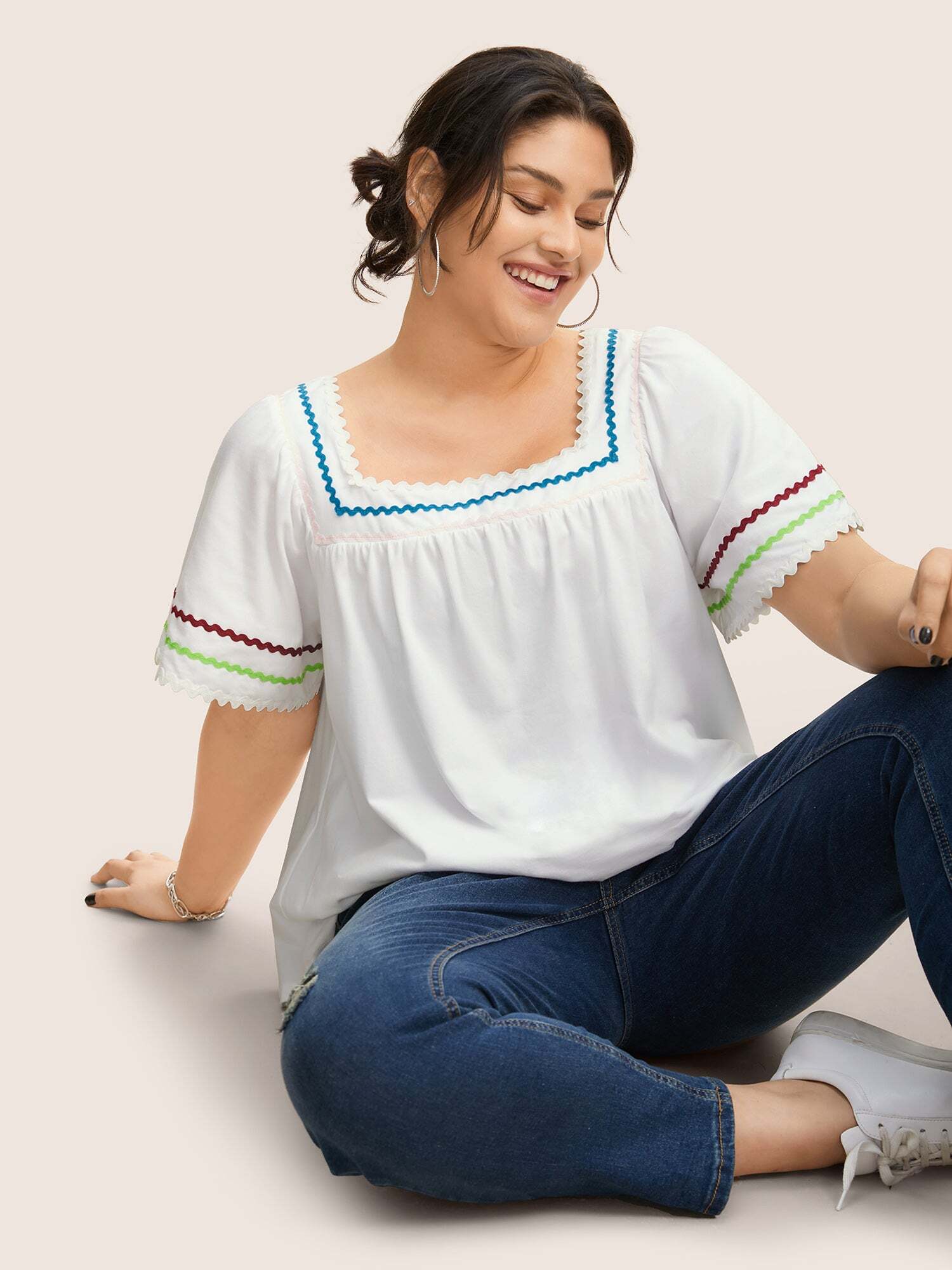Square Neck Woven Ribbon Contrast Ruffle Sleeve T-shirt