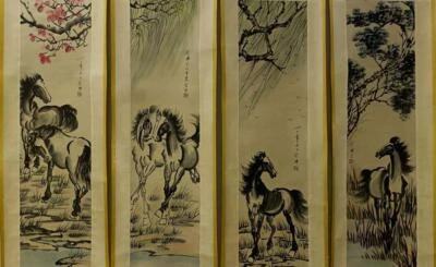 Four Xu Beihong Signed Chinese Hand Painted Calligraphy Scroll w/horse N1779