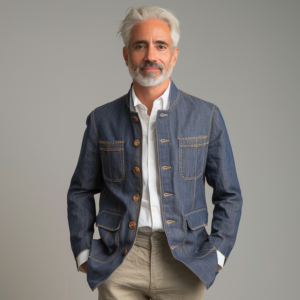 Men's Stand Collar Pockets Retro Denim Jacket