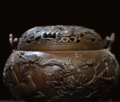Qianlong Signed Old Chinese Bronze Incense Burner w/bird