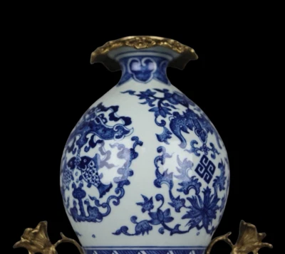45CM Qianlong Signed Old Chinese Blue and White Vase w/bird N3925