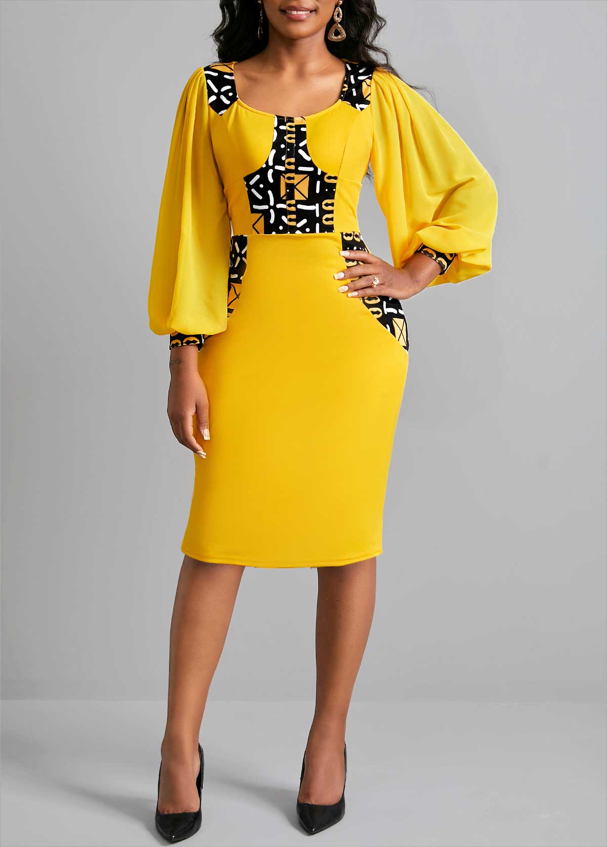3/4 Sleeve Ginger Square Collar Dress