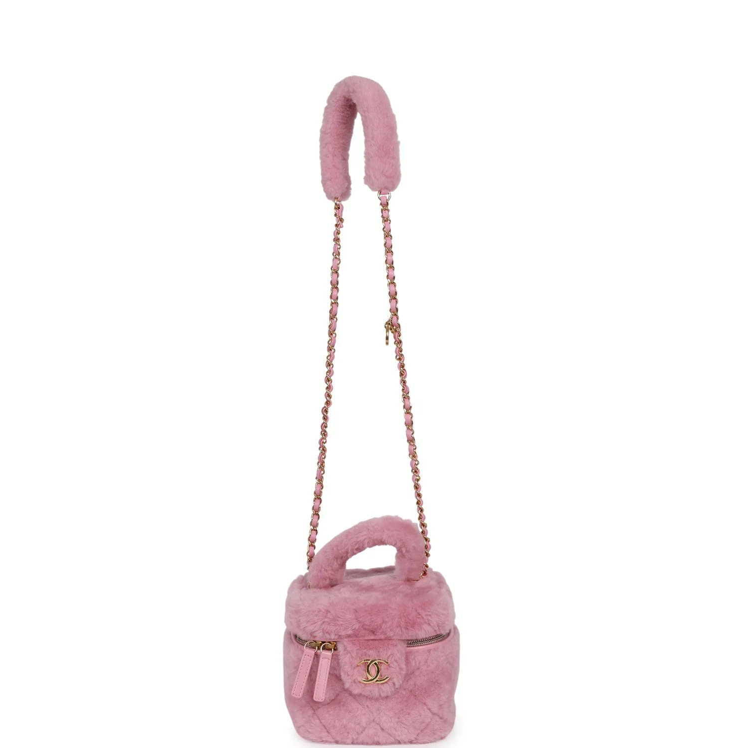 Chanel Small Top Handle Square Vanity Case With Chain Pink Shearling Lambskin Gold Hardware