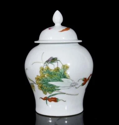 Qianlong Signed Pair Old Chinese Colour Enamel Lid Pot W/cabbage N3580