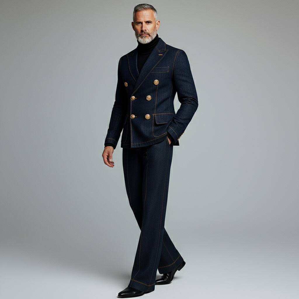 Men's Navy Blue Denim Double Breasted Contrast Stitched Flap Pockets Blazer & Jeans 2Pcs Set