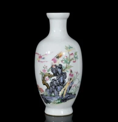 Qianlong Signed Pair Old Chinese Colour Enamel Vase W/flower N3579