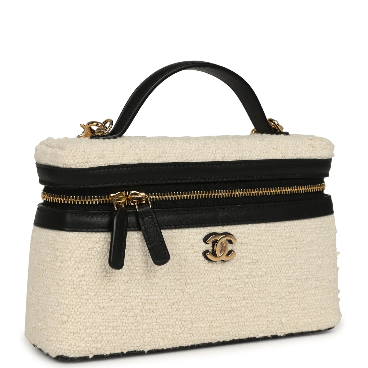 Chanel Coco Beach Top Handle Long Vanity Case with Chain Ecru Tweed and Black Calfskin Gold Hardware